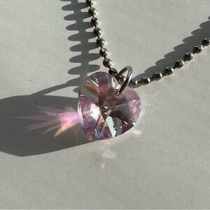 Vintage 90's Pink Sparkly Crystal Heart Charm Necklace Silver Tone Ball Chain